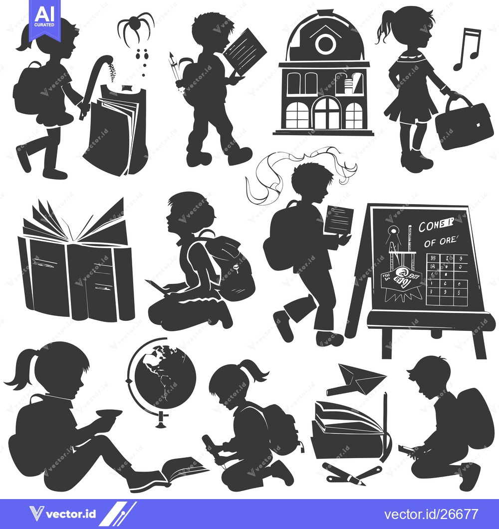 Premium Vector of Black and White Silhouettes of Children and School Supplies