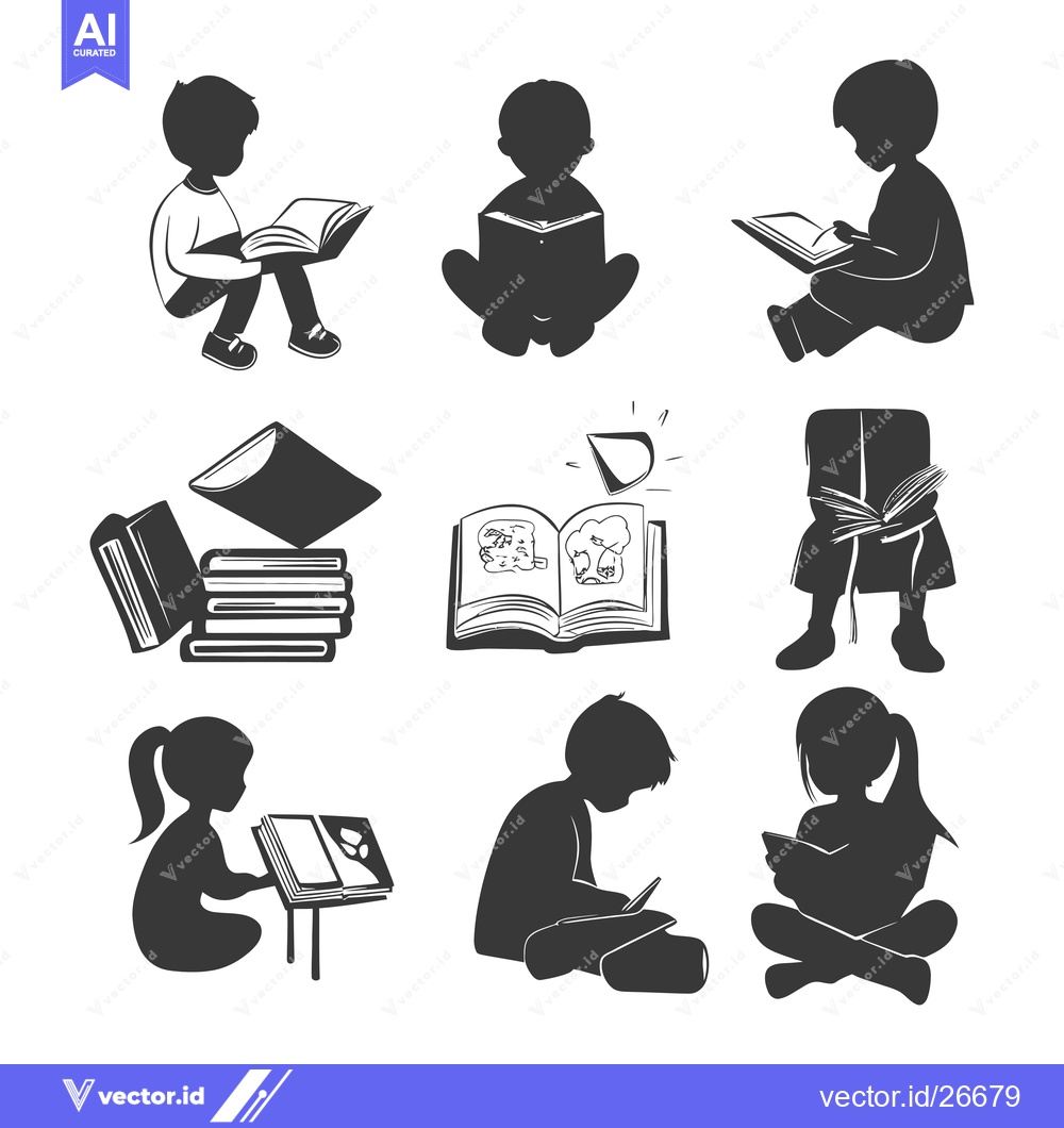 Premium Vector dari Black and White Silhouettes of Children Reading Books