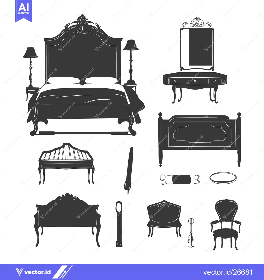 Premium Vector of Black and White Silhouettes of Classic Bedroom Furniture