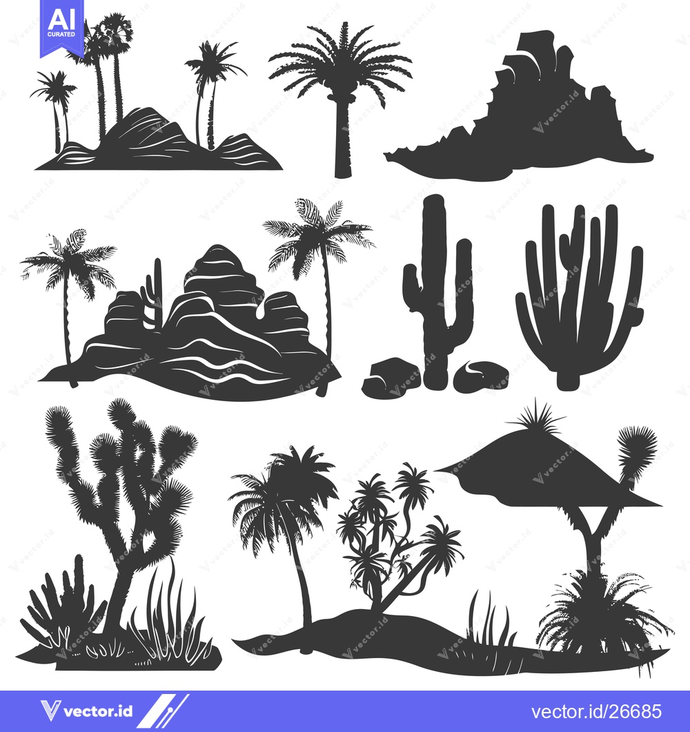 Premium Vector dari Black and White Silhouettes of Desert Plants and Landscapes