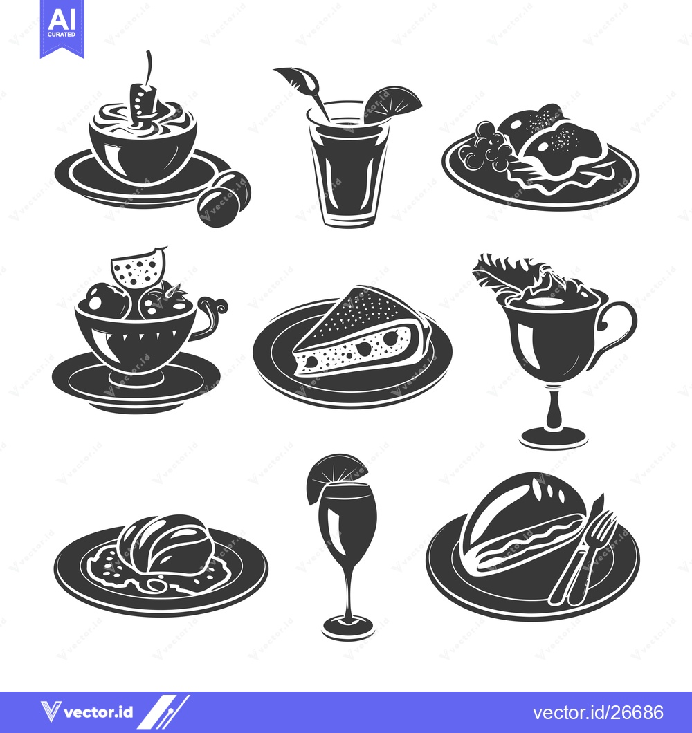 Premium Vector of Black and White Silhouettes of Dessert and Food Items