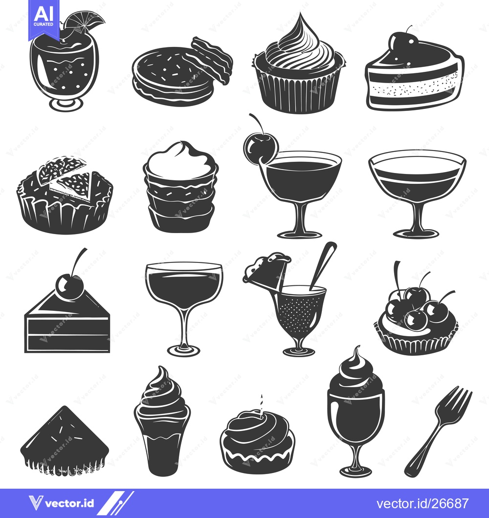 Premium Vector dari Black and White Silhouettes of Desserts and Cocktails