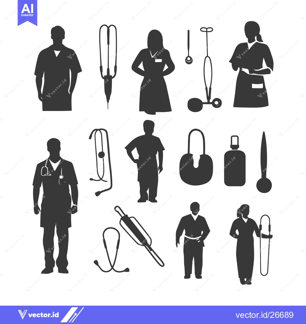 Premium Vector dari Black and White Silhouettes of Doctors and Nurses with Medical Equipme