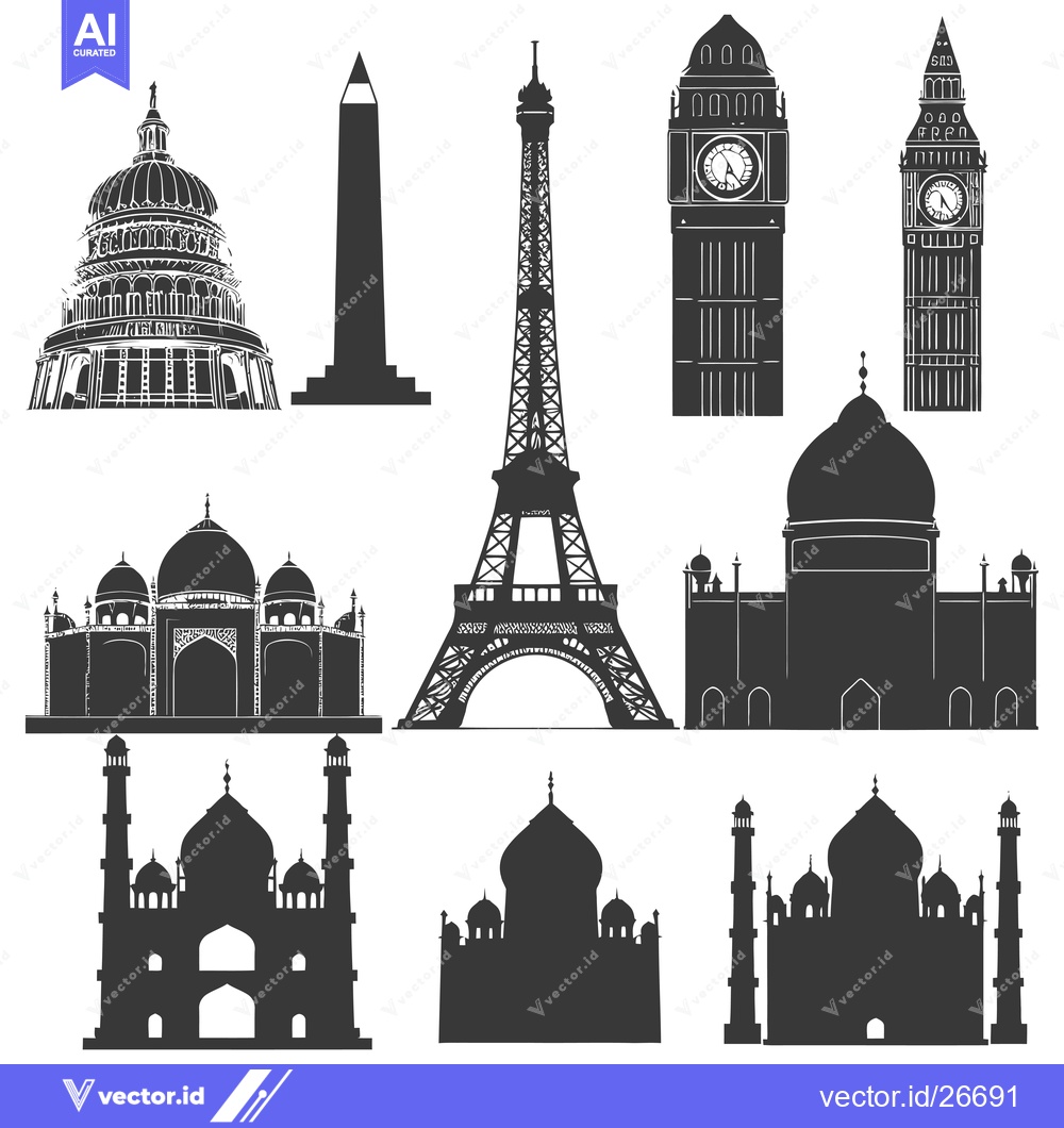 Premium Vector dari Black and White Silhouettes of Famous Architectural Landmarks
