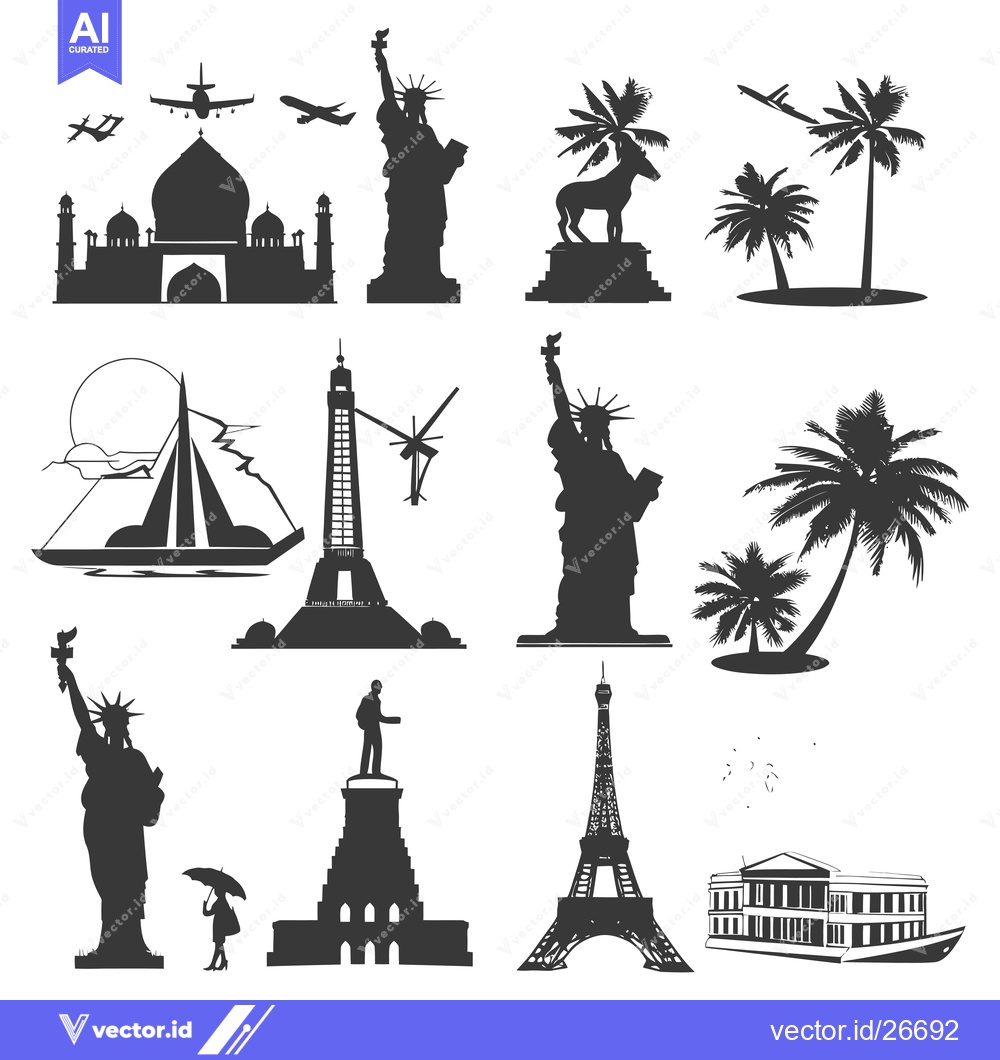 Premium Vector dari Black and White Silhouettes of Famous World Landmarks