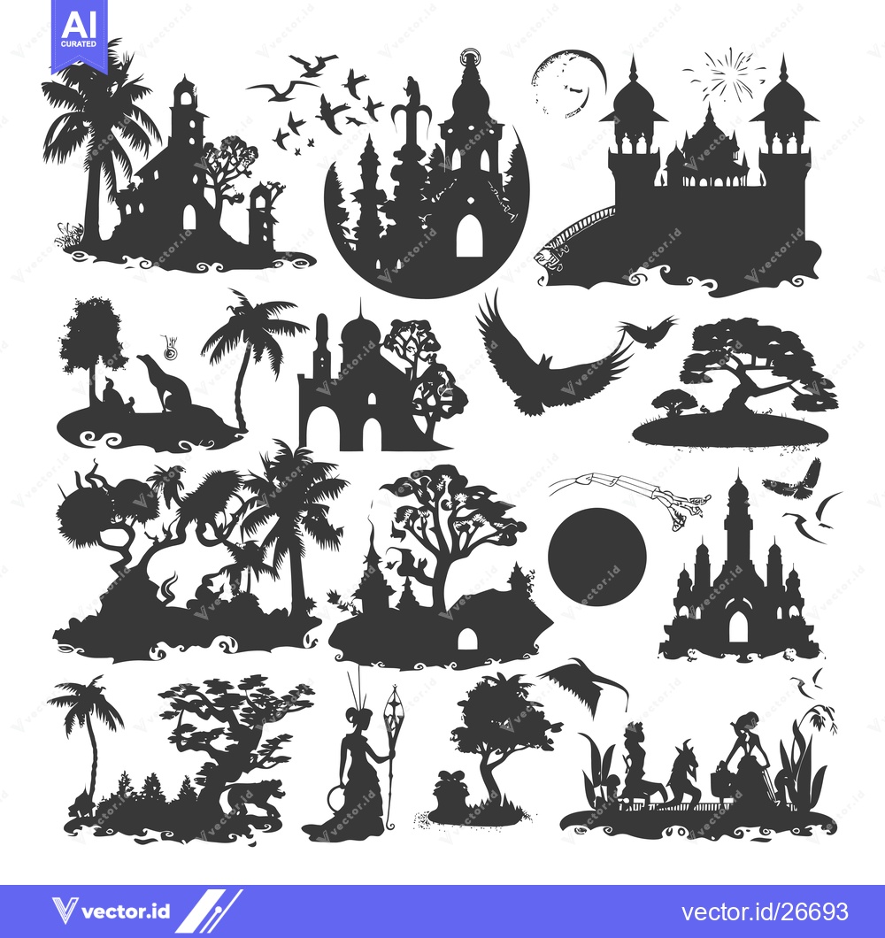 Premium Vector of Black and White Silhouettes of Fantasy Landscapes and Elements