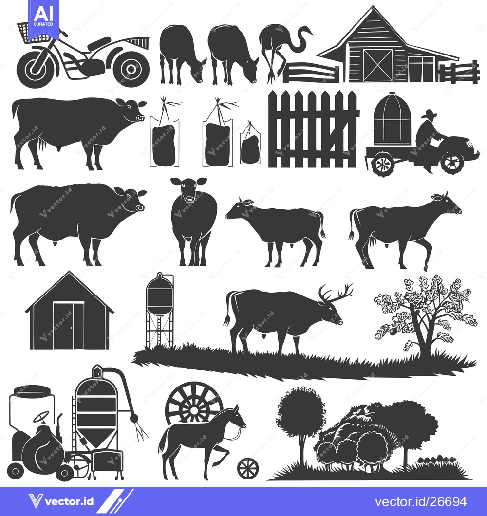 Premium Vector dari Black and White Silhouettes of Farm Animals and Rural Objects