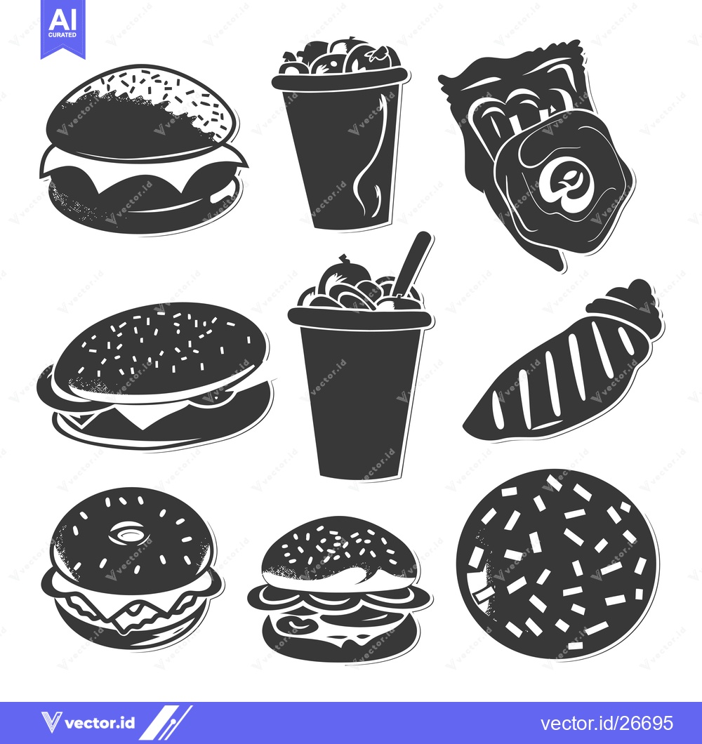 Premium Vector dari Black and White  Silhouettes of  Fast Food Items
