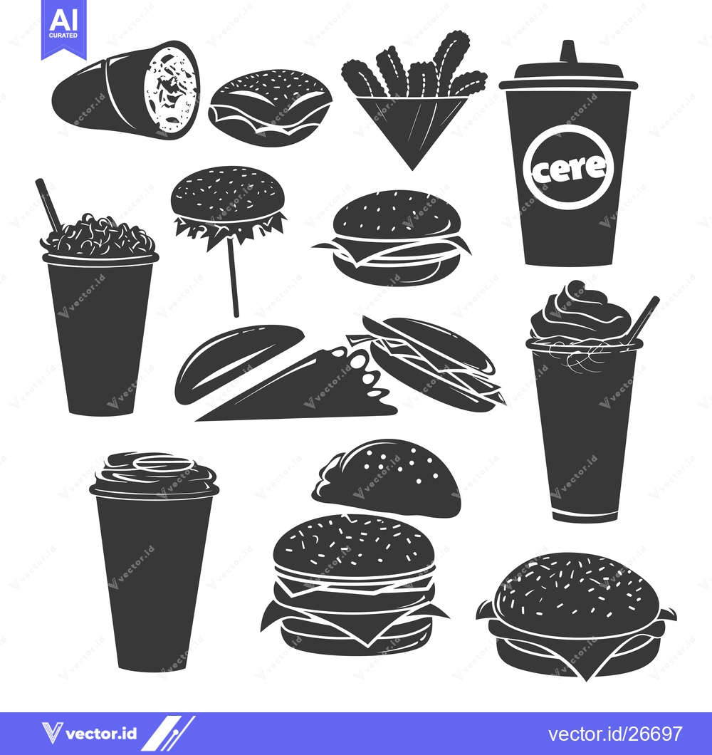 Premium Vector dari Black and White Silhouettes of Fast Food Items