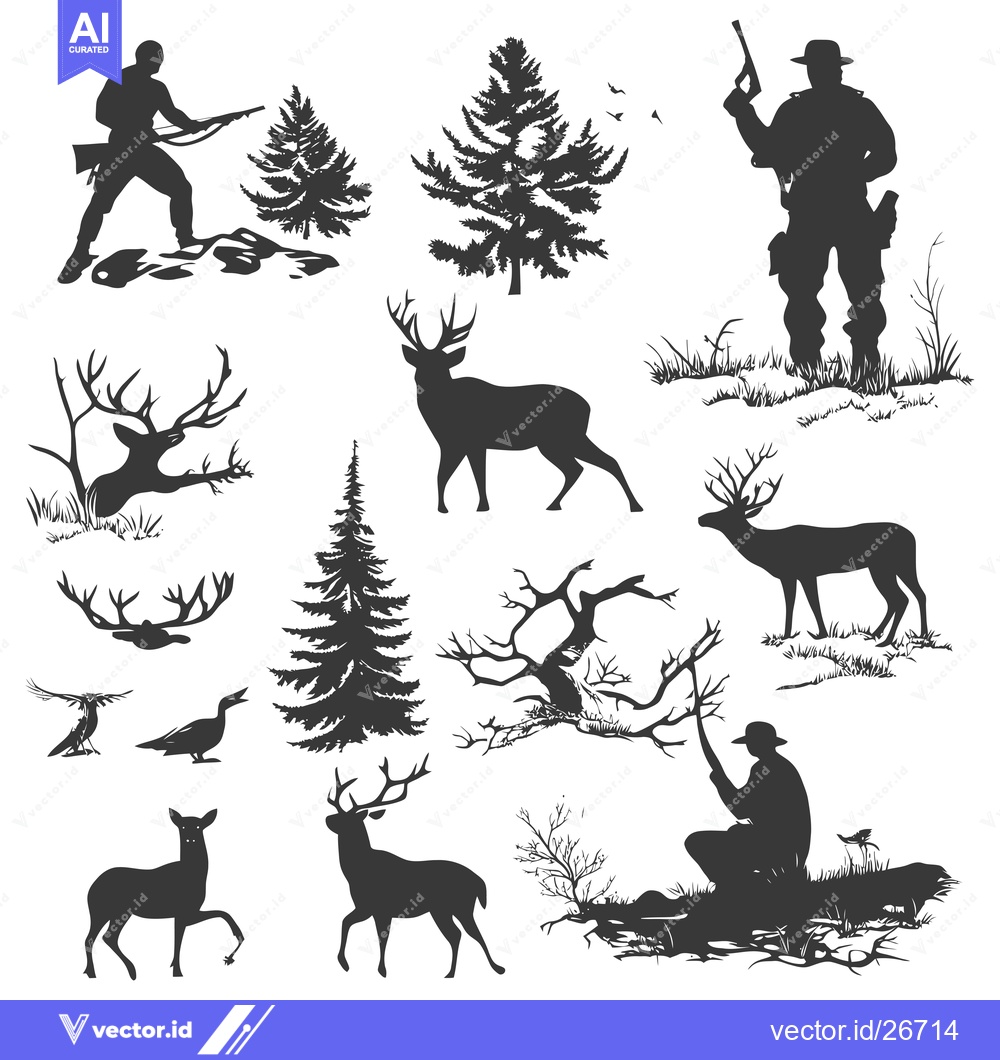 Premium Vector dari Black and White Silhouettes of Hunters, Deer, and Forest Scenes