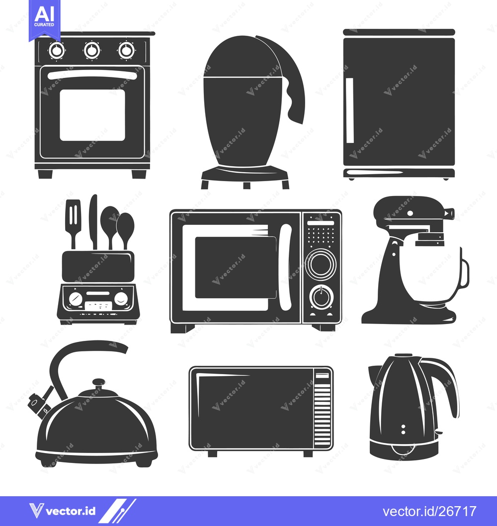 Premium Vector of Black and White Silhouettes of Kitchen Appliances