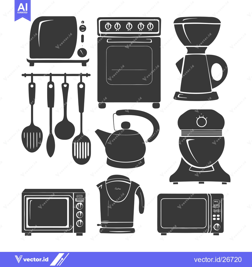 Premium Vector dari Black and White Silhouettes of Kitchen Appliances