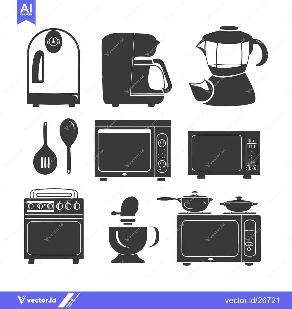 Premium Vector of Black and White Silhouettes of Kitchen Appliances