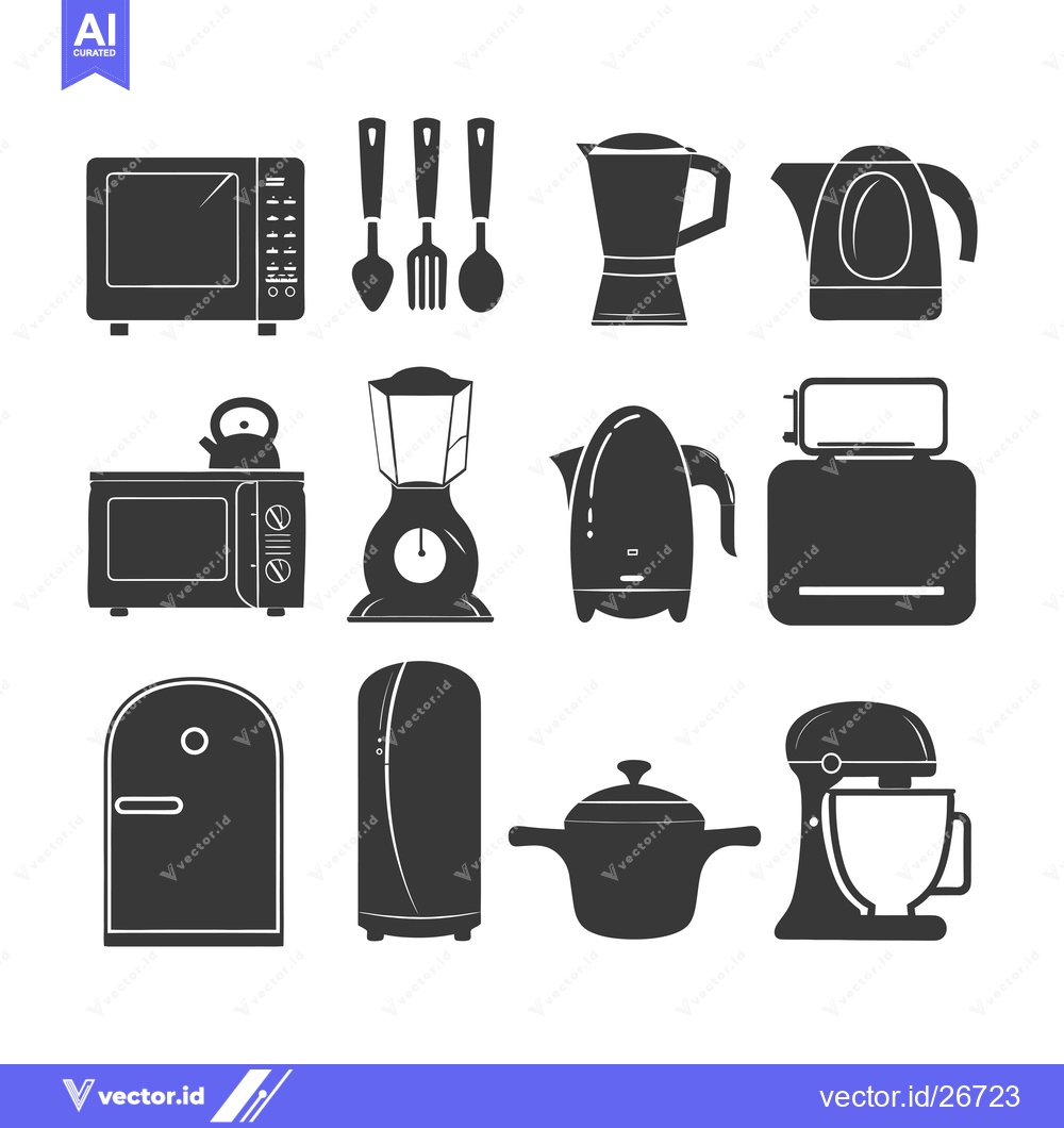 Premium Vector of Black and White Silhouettes of Kitchen Appliances and Utensils