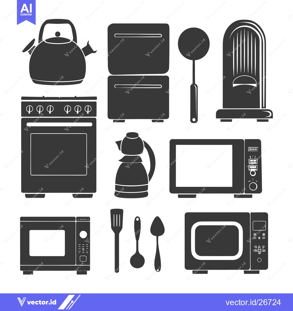 Premium Vector of Black and White Silhouettes of Kitchen Appliances and Utensils