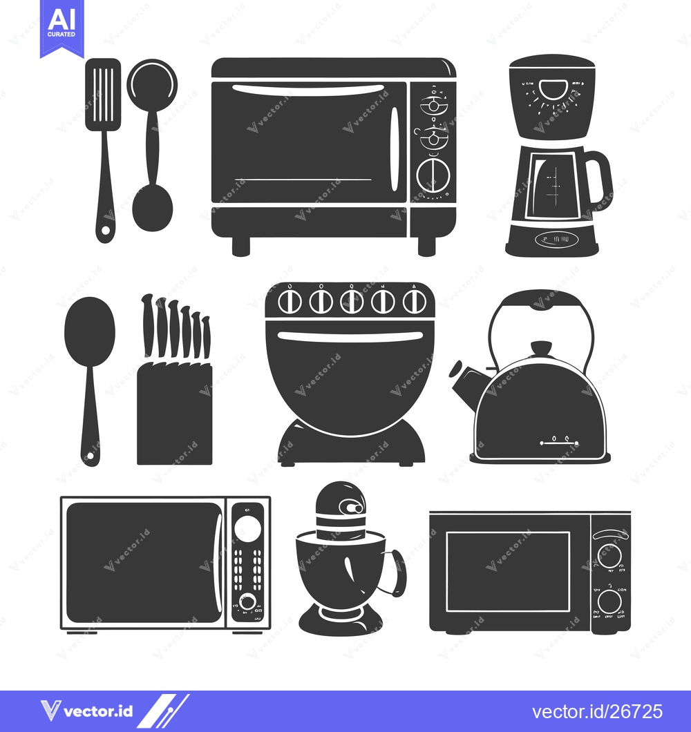 Premium Vector dari Black and White Silhouettes of Kitchen Appliances and Utensils