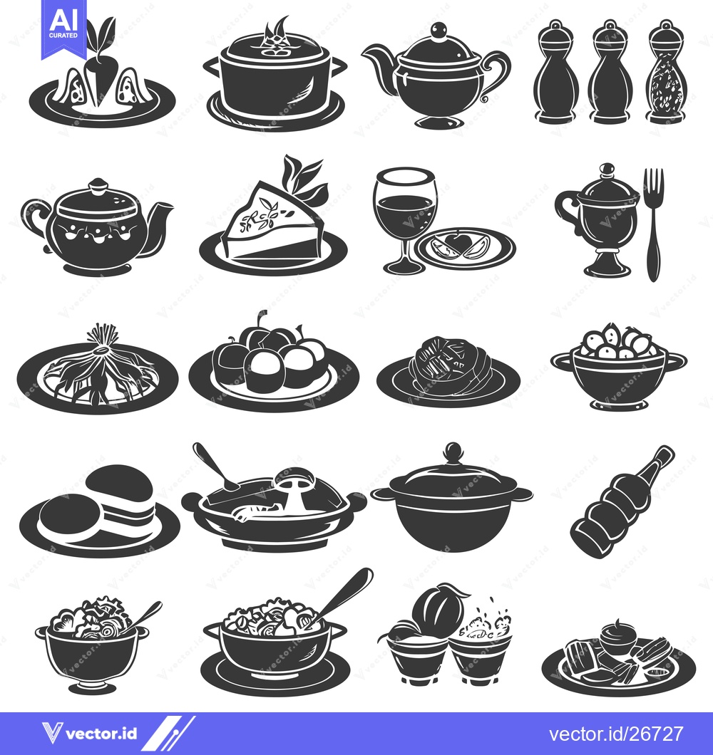 Premium Vector of Black and White Silhouettes of Kitchen Utensils, Food, and Beverages