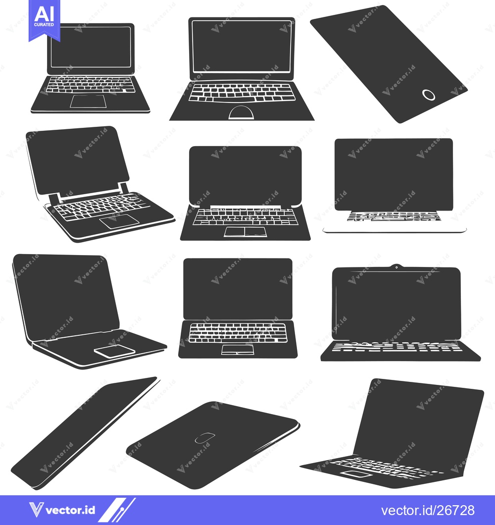 Premium Vector of Black and White Silhouettes of Laptops in Various Positions