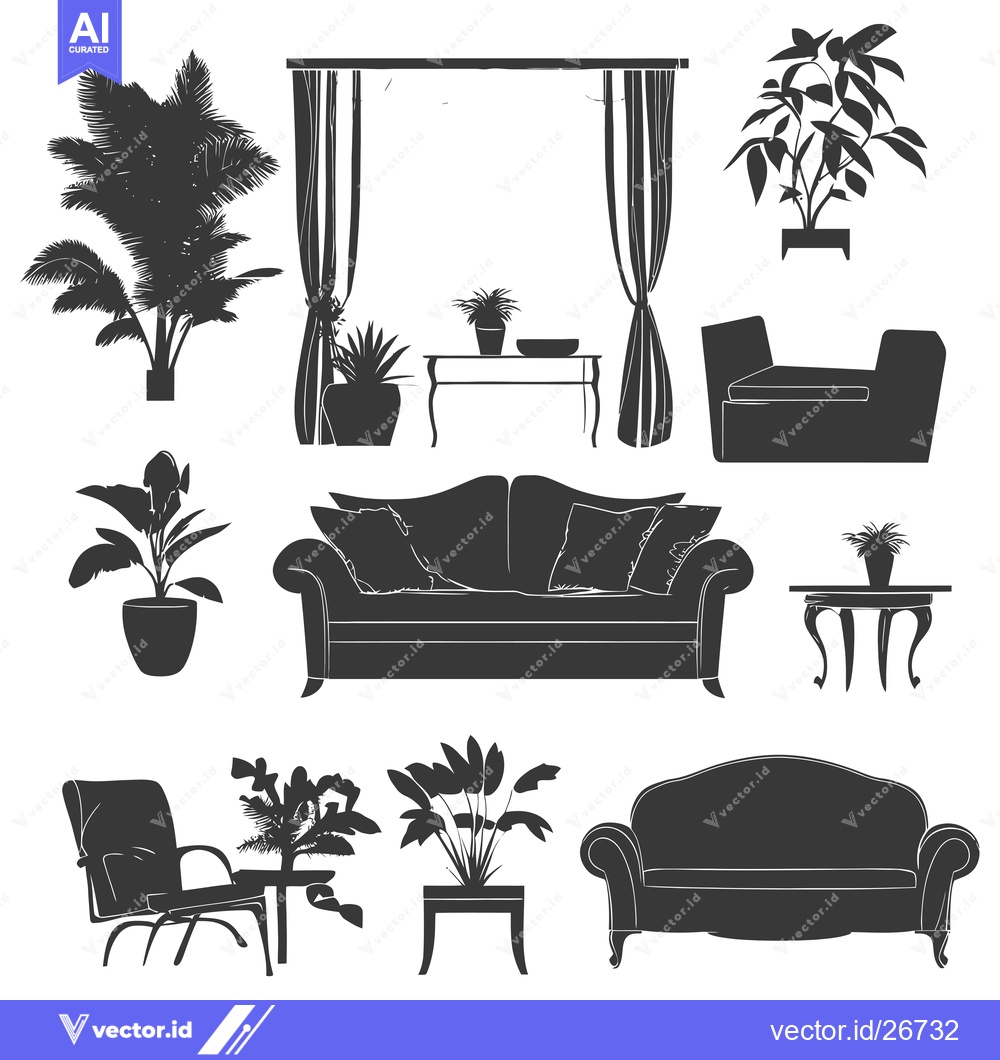 Premium Vector of Black and White Silhouettes of Living Room Furniture and Plants