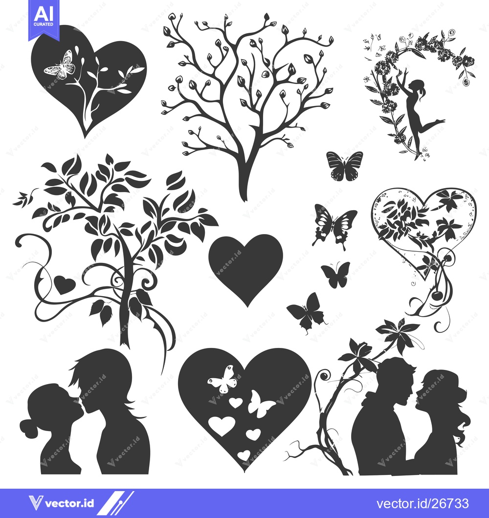 Premium Vector dari Black and White Silhouettes of Love, Nature, and Butterflies