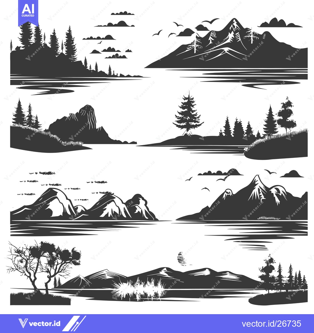 Premium Vector dari Black and White Silhouettes of Mountainous Landscapes with Trees and W