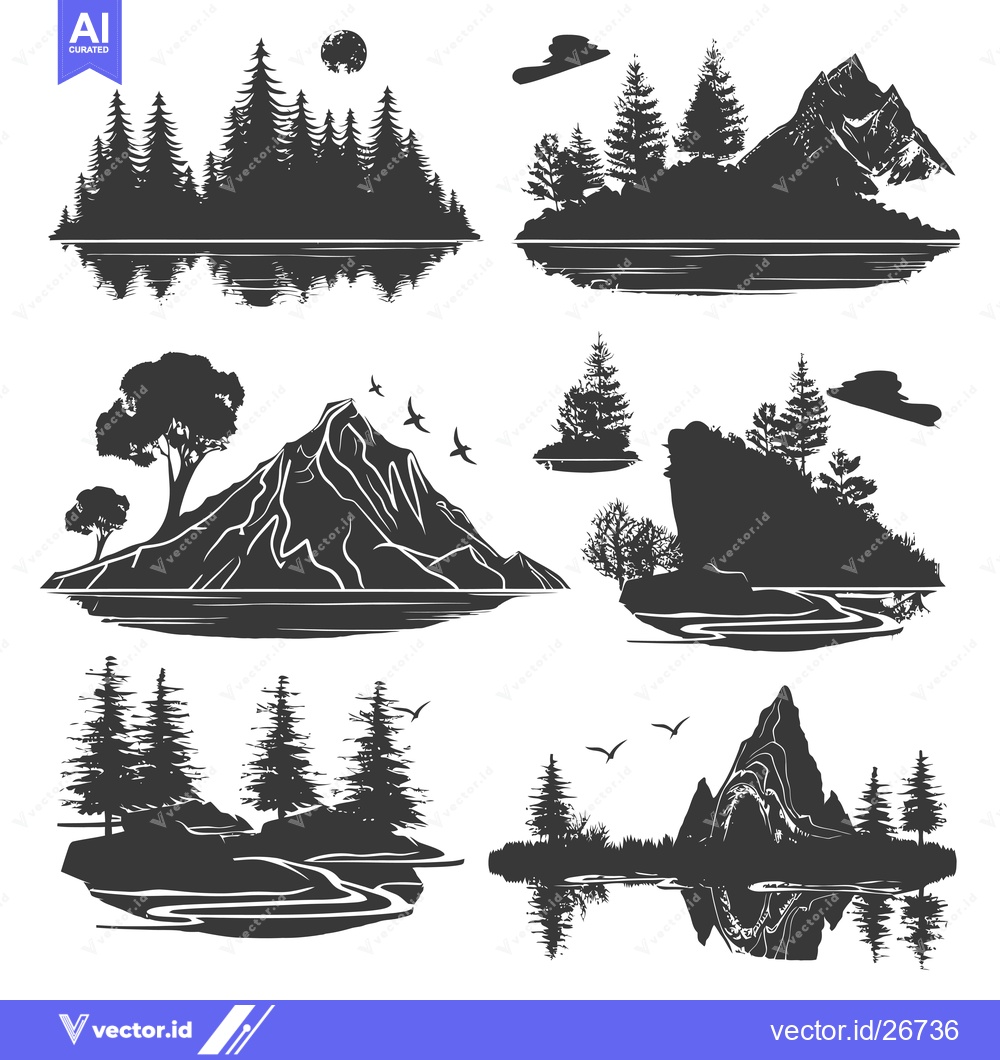 Premium Vector of Black and White Silhouettes of Mountains, Forests, and Reflections
