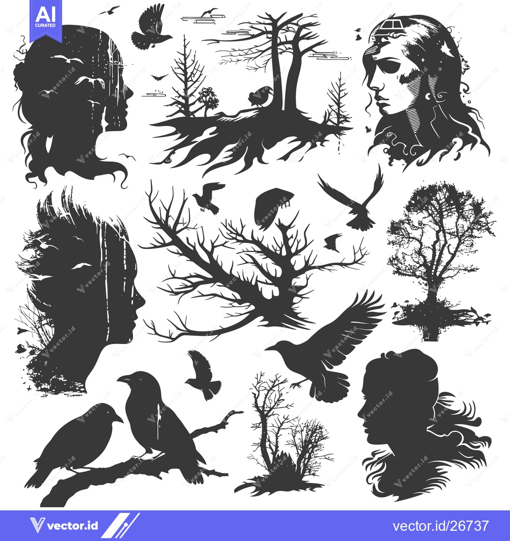 Premium Vector dari Black and White Silhouettes of Nature and Female Faces