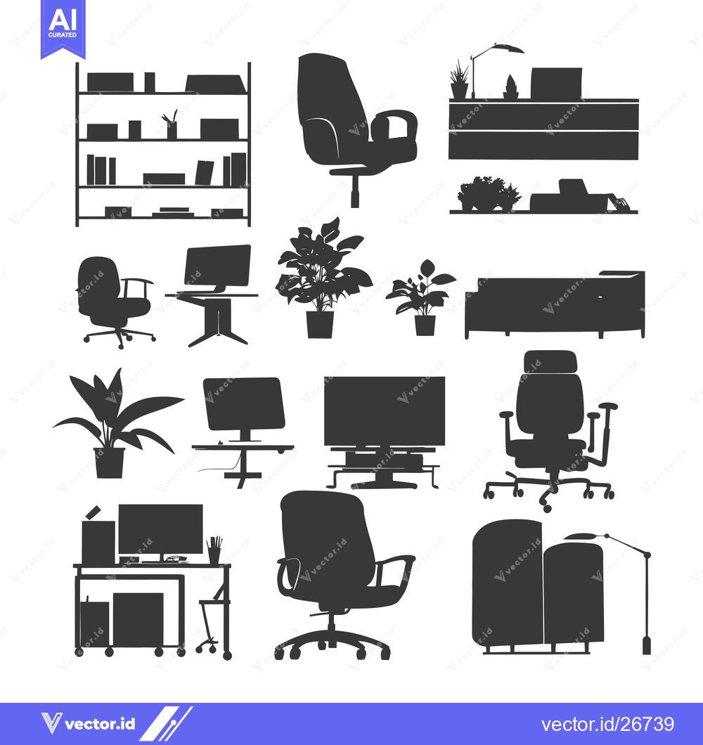 Premium Vector of Black and White Silhouettes of Office Furniture and Plants