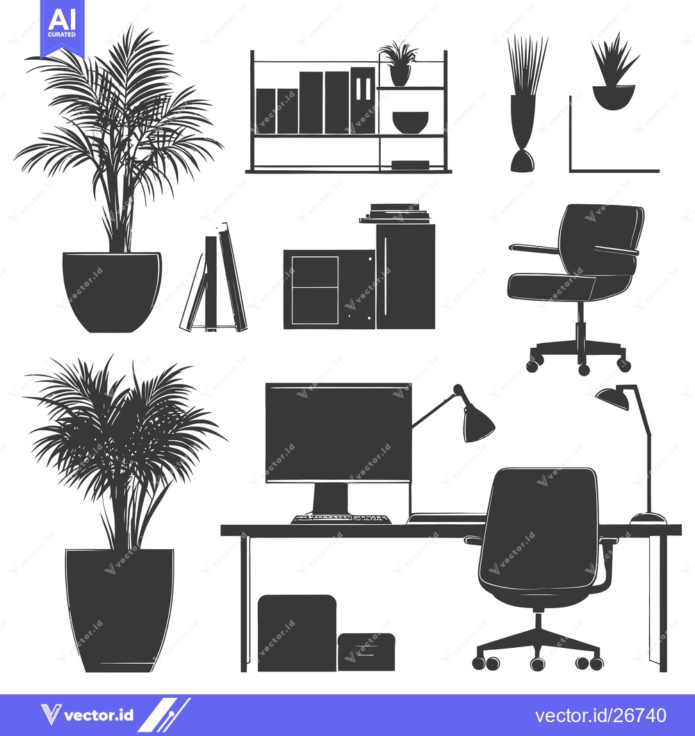 Premium Vector dari Black and White Silhouettes of Office Interior Elements