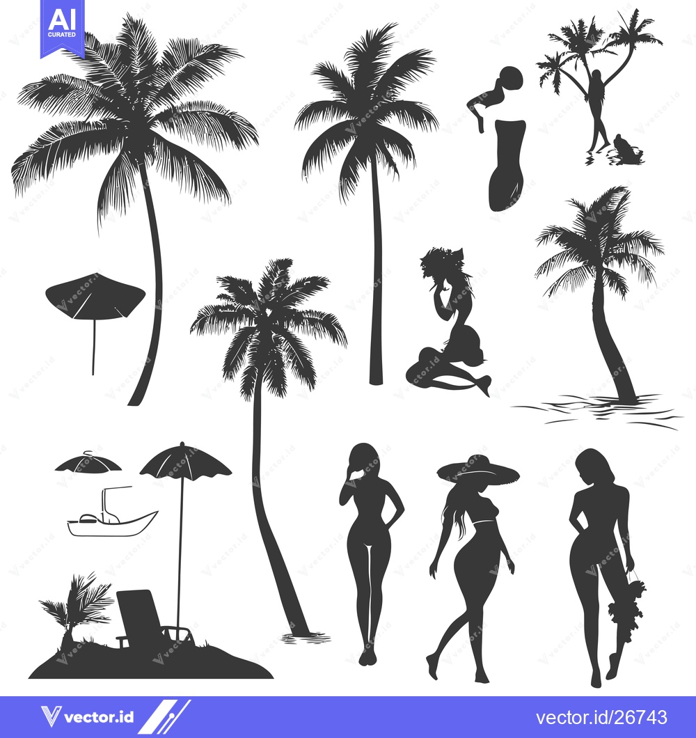 Premium Vector dari Black and White Silhouettes of Palm Trees, Women, and Beach Accessorie