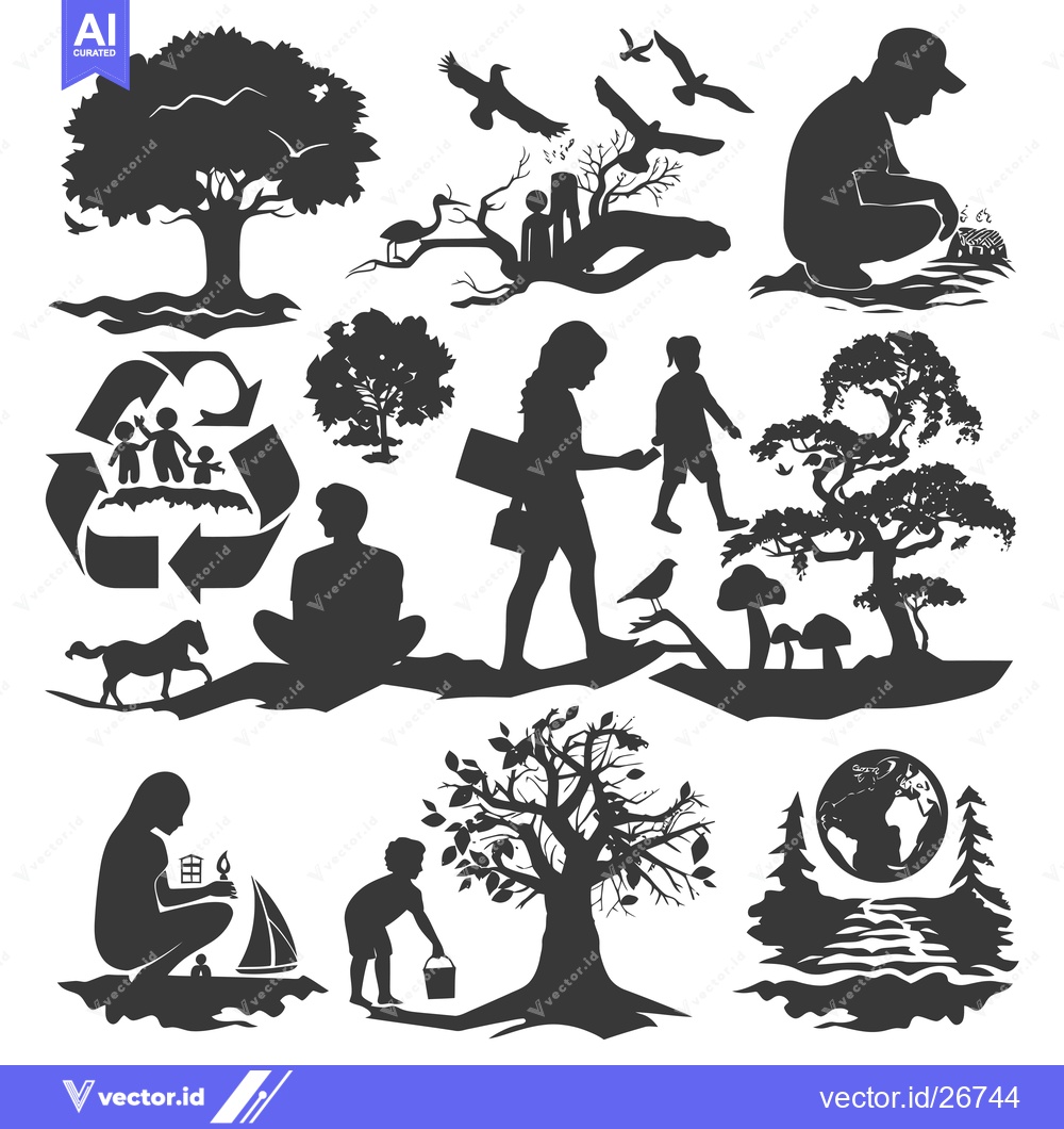 Premium Vector dari Black and White Silhouettes of People and Nature Illustrating Environm