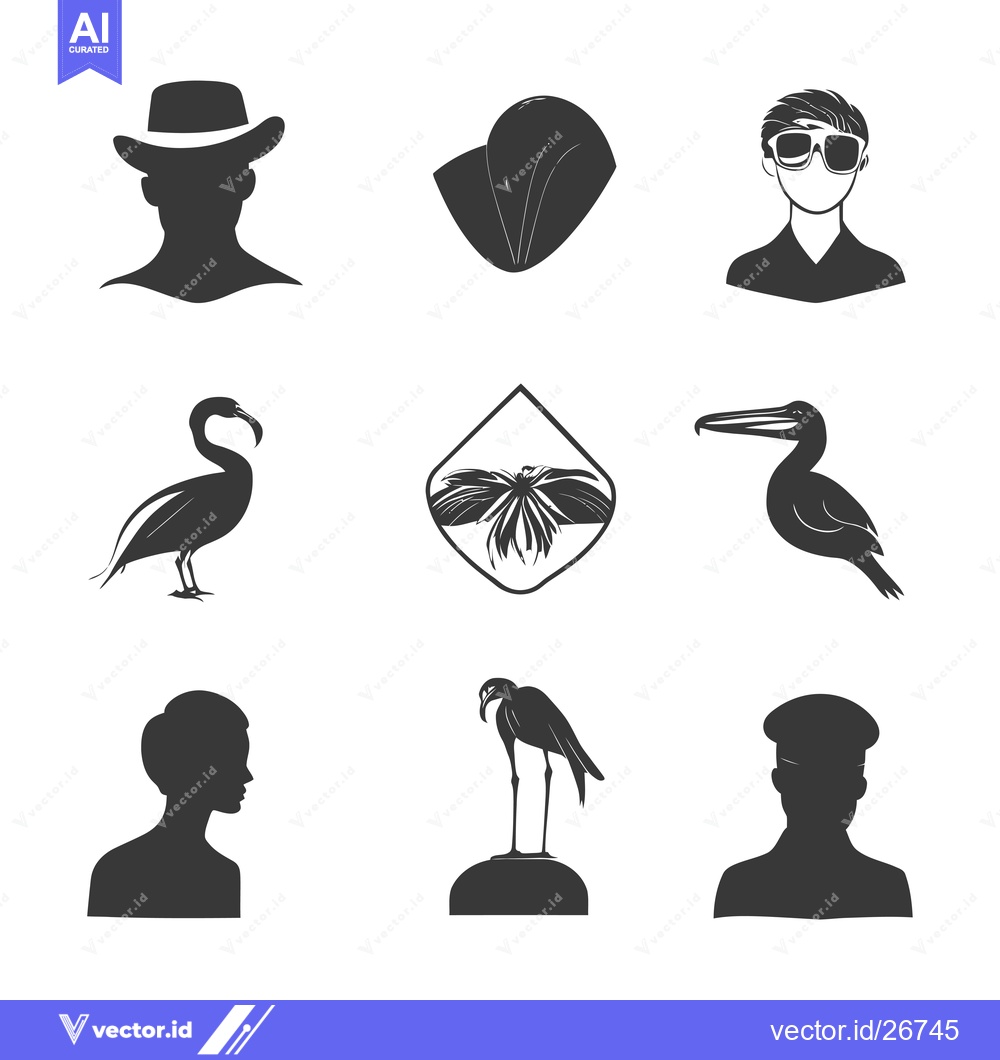 Premium Vector of Black and White Silhouettes of People, Birds, and a Palm Tree