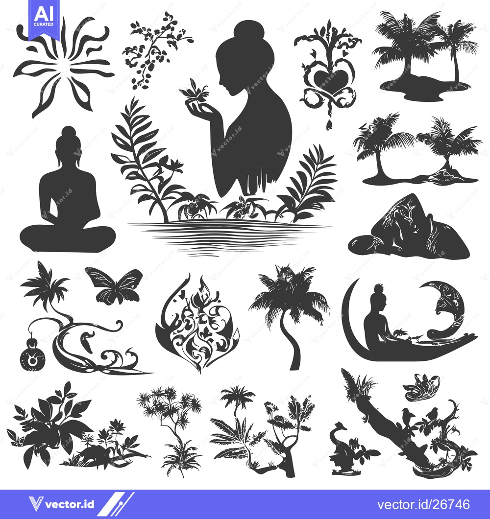 Premium Vector of Black and White Silhouettes of People, Plants, and Animals