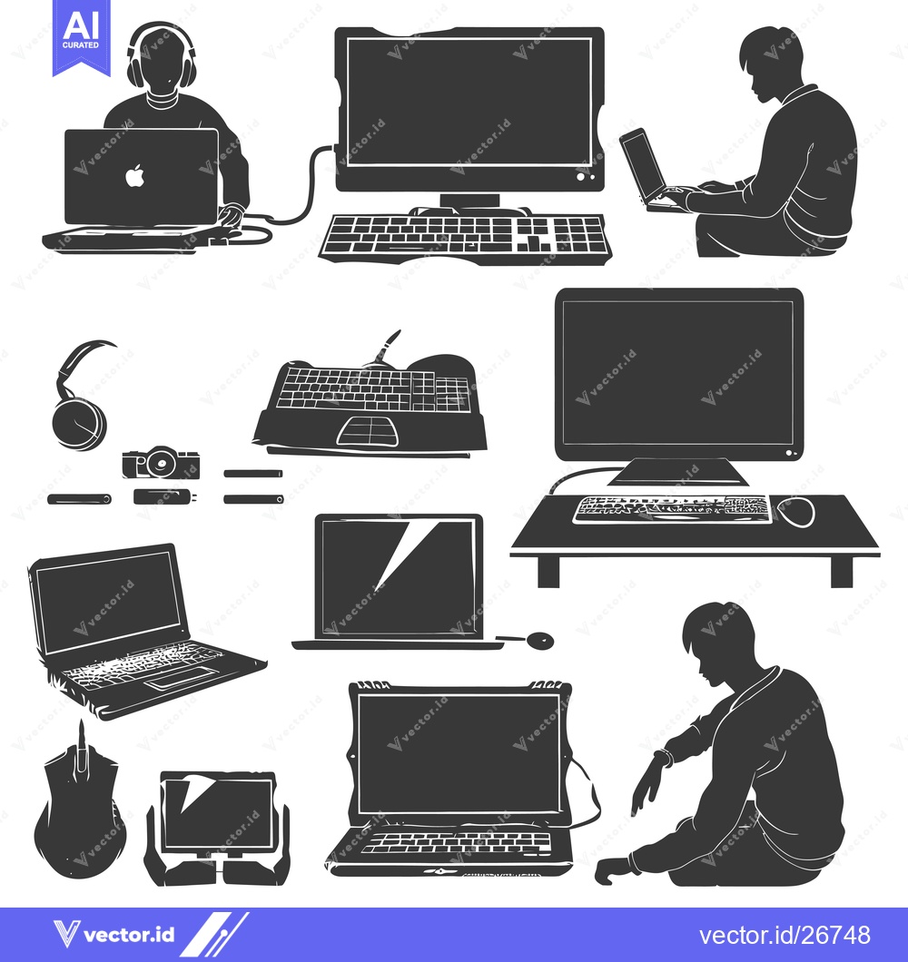 Premium Vector dari Black and White Silhouettes of People Using Computers and Other Device