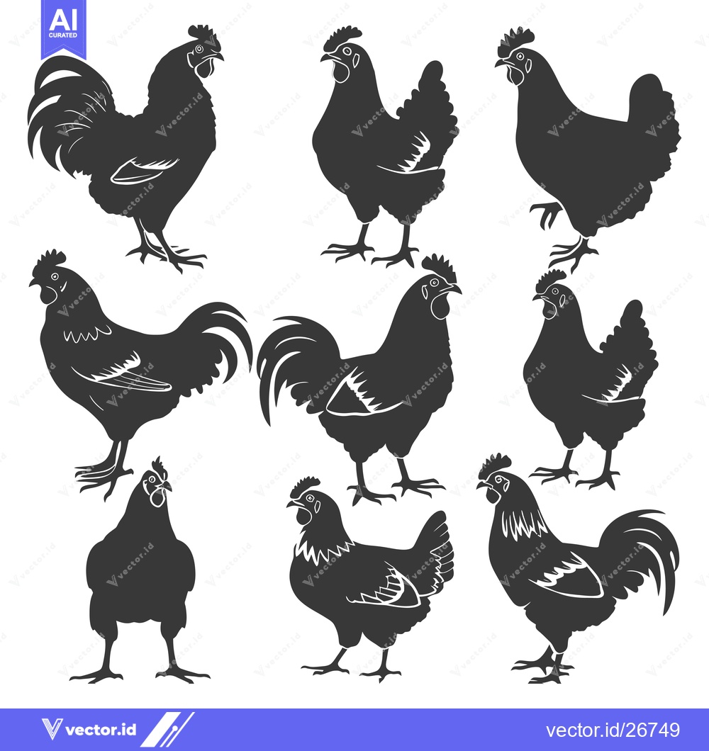 Premium Vector of Black and White Silhouettes of Roosters and Hens