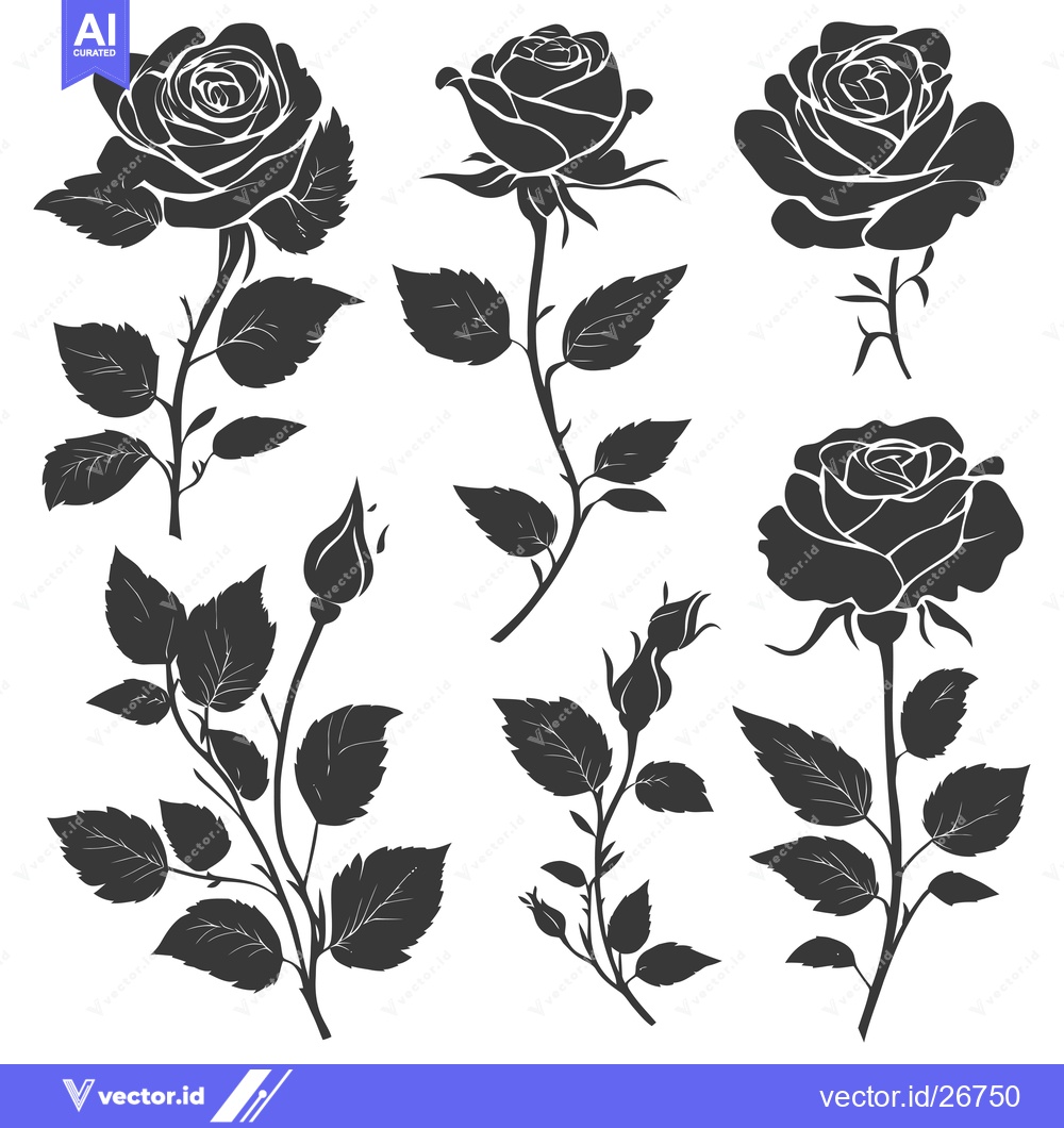Premium Vector of Black and White Silhouettes of Roses and Buds