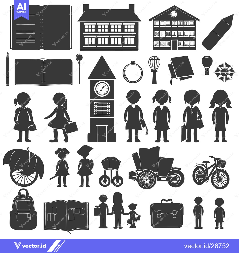 Premium Vector of Black and White Silhouettes of School-Related Objects and People