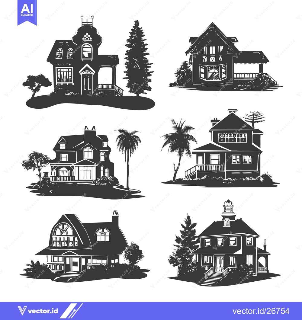 Premium Vector dari Black and White Silhouettes of Six Different Houses with Trees and Lan