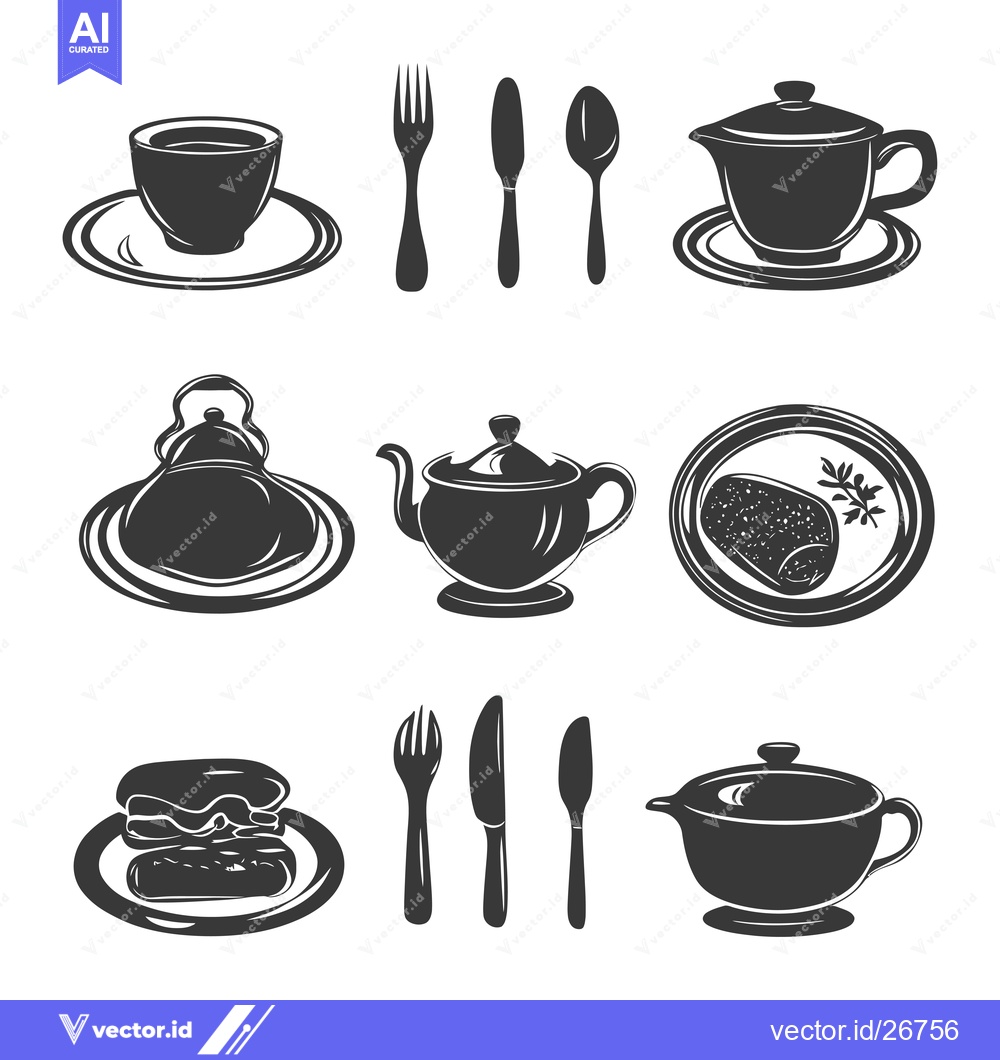 Premium Vector dari Black and White Silhouettes of Teacups, Teapots, Plates, Forks, Knives