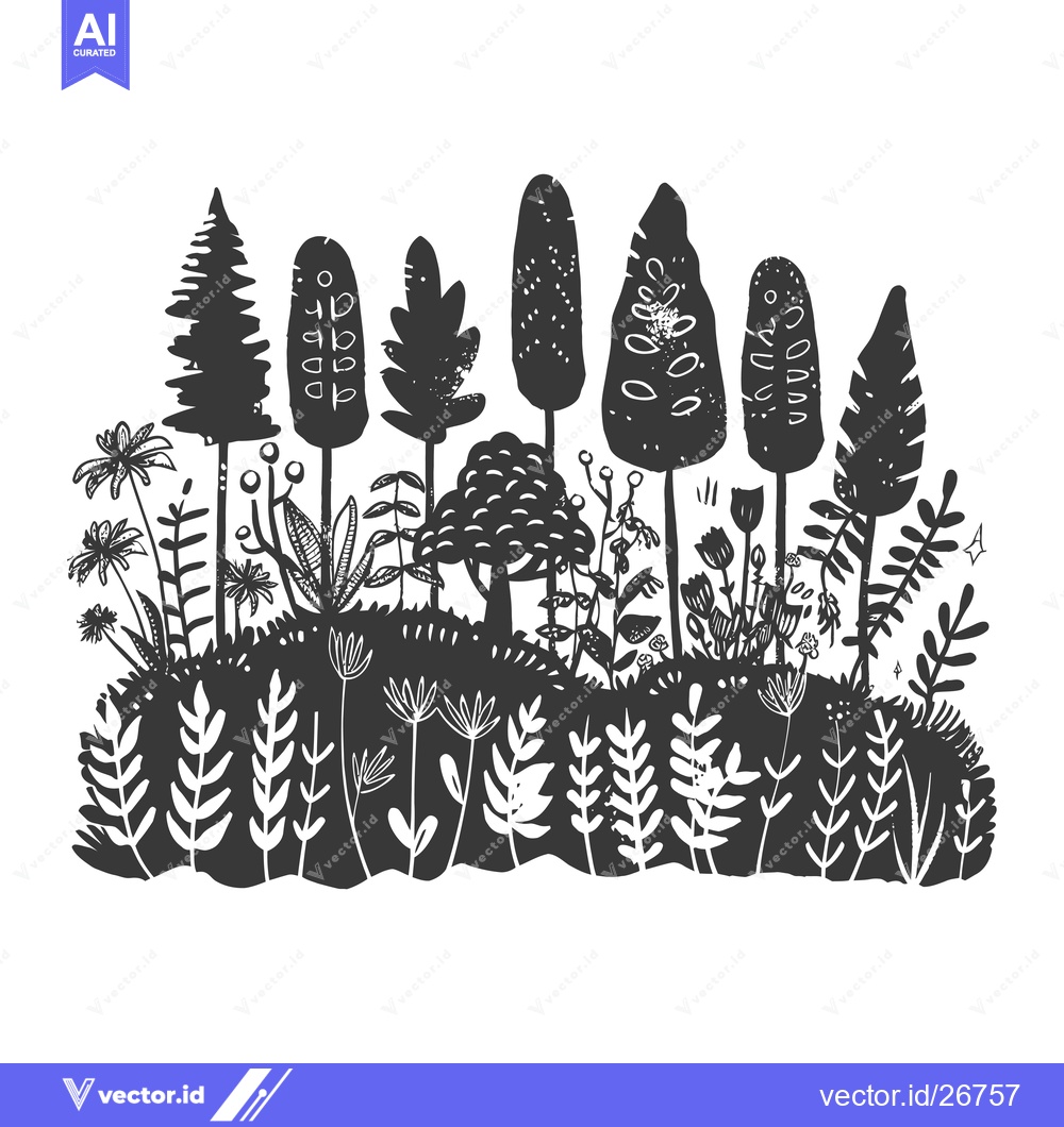 Premium Vector of Black and White Silhouettes of Trees and Flowers in a Forest
