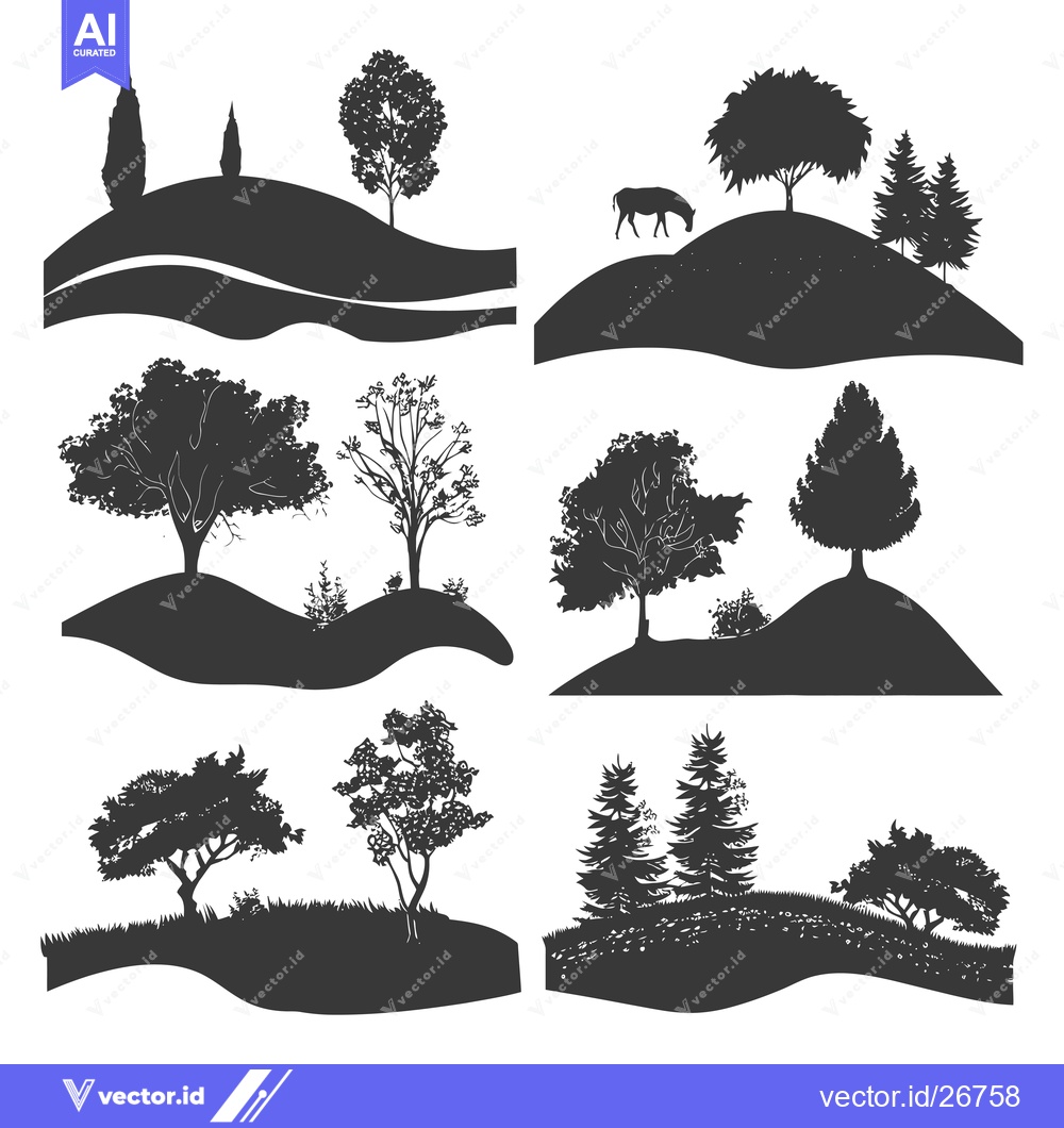 Premium Vector of Black and White Silhouettes of Trees and Hills
