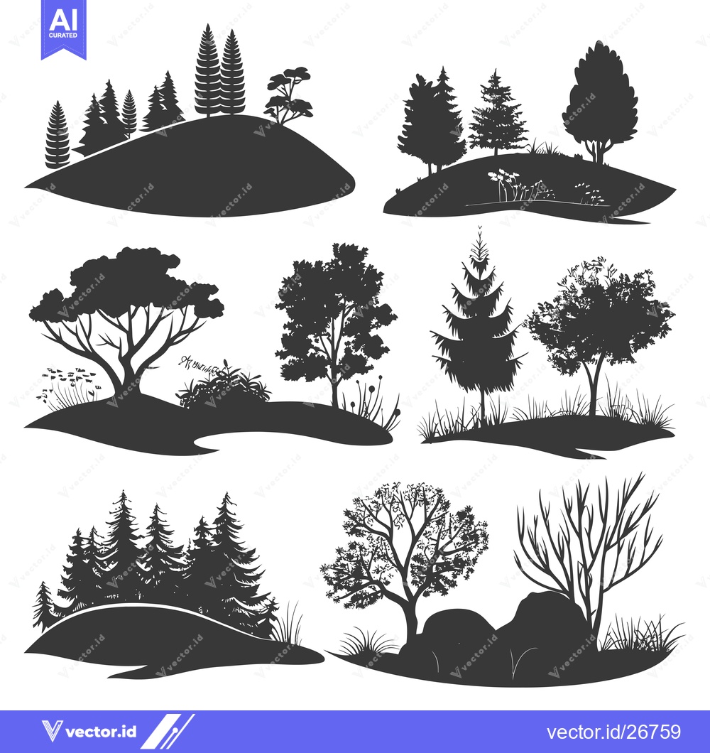 Premium Vector of Black and White Silhouettes of Trees and Landscapes