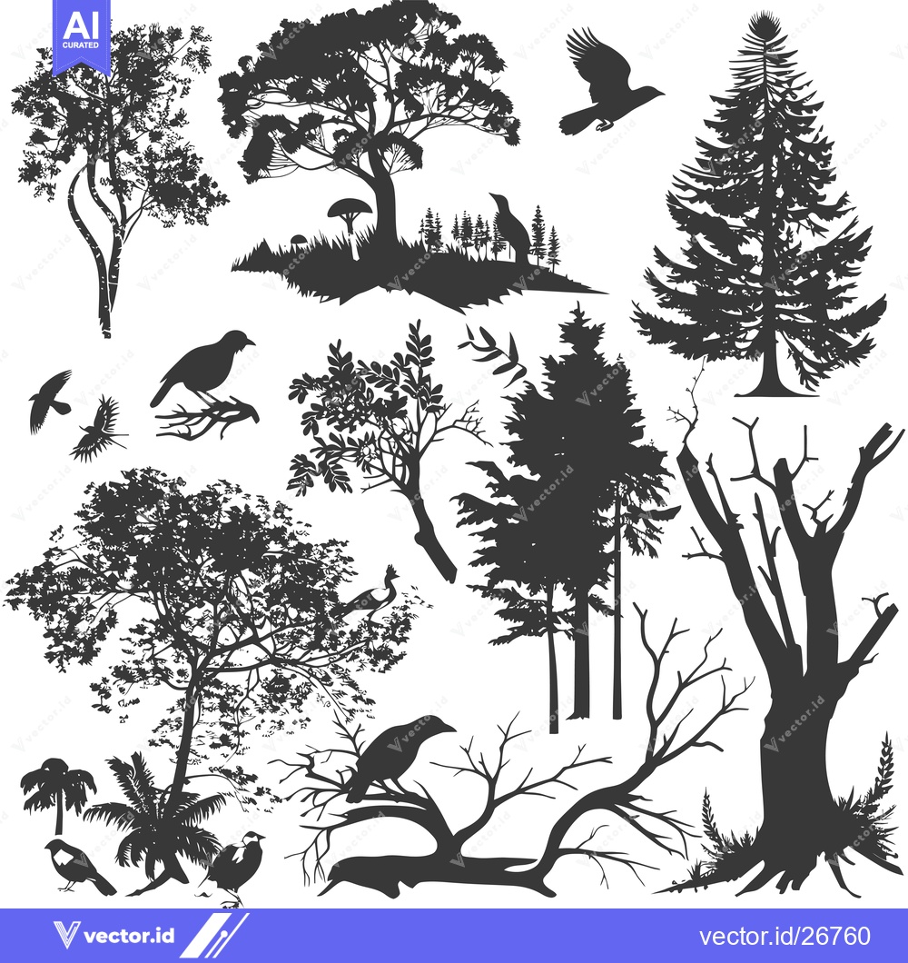 Premium Vector of Black and White Silhouettes of Trees, Birds, and Shrubs