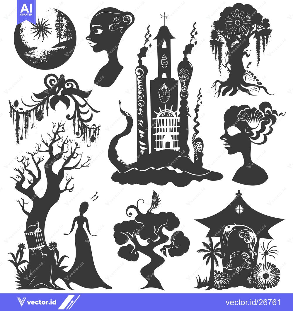 Premium Vector dari Black and White Silhouettes of Trees, Buildings, and People