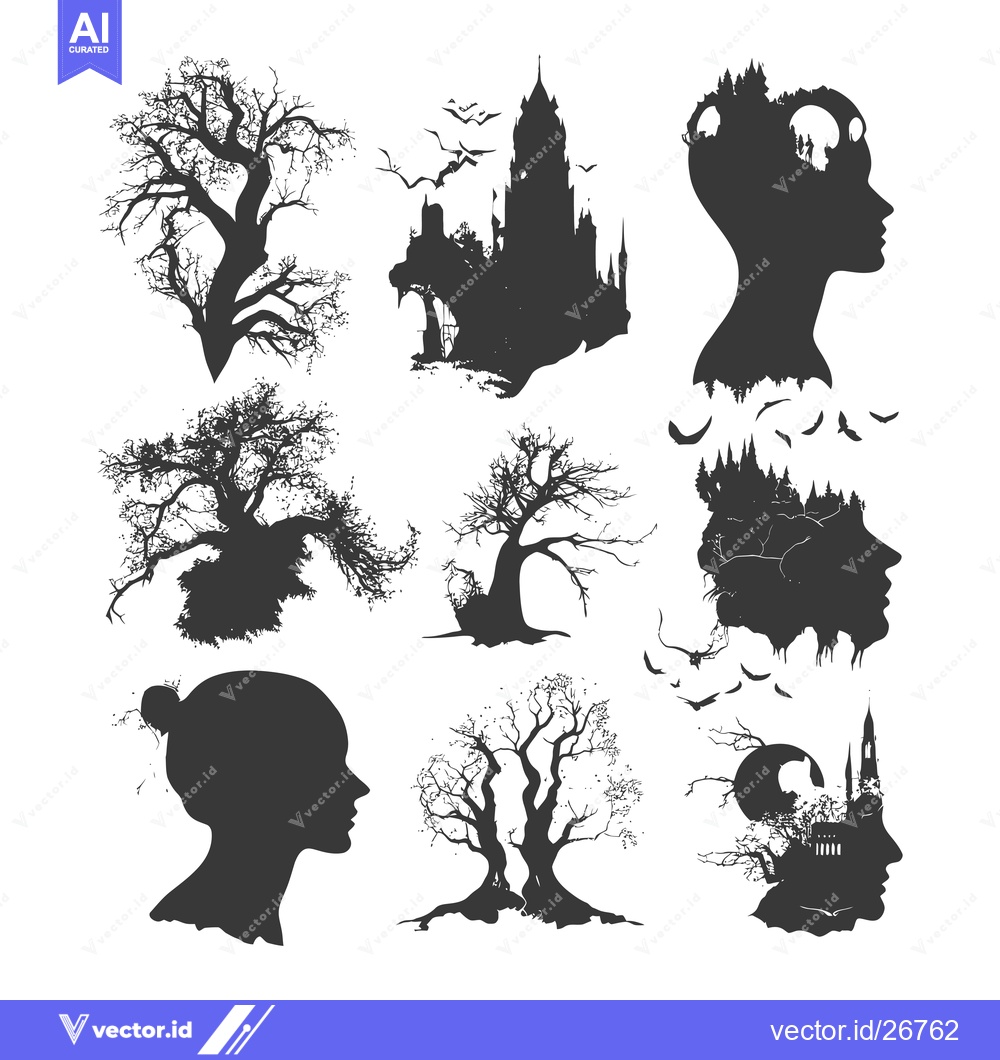 Premium Vector dari Black and White Silhouettes of Trees, Castles, and Human Profiles