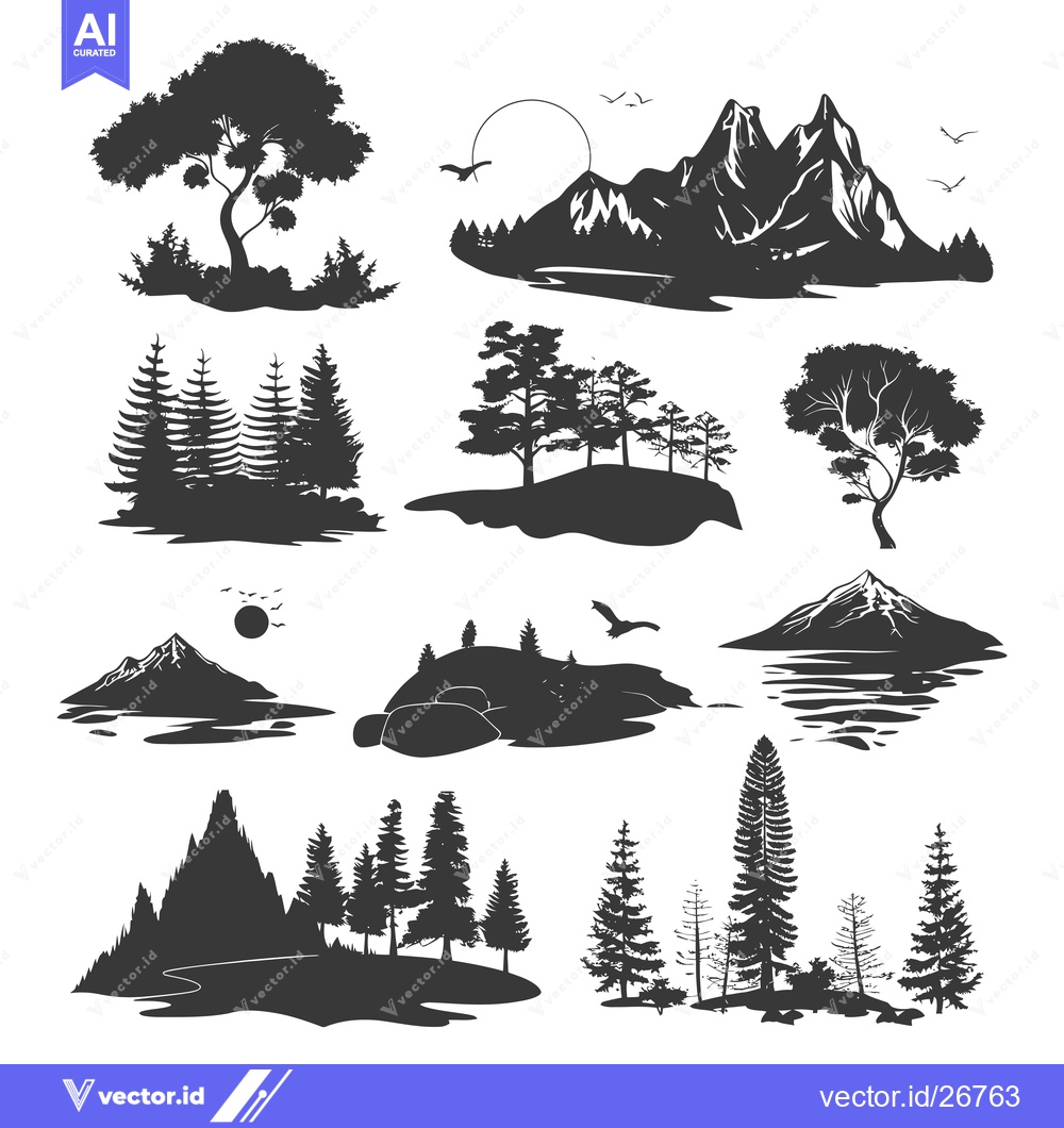 Premium Vector dari Black and White Silhouettes of Trees, Mountains, and Birds