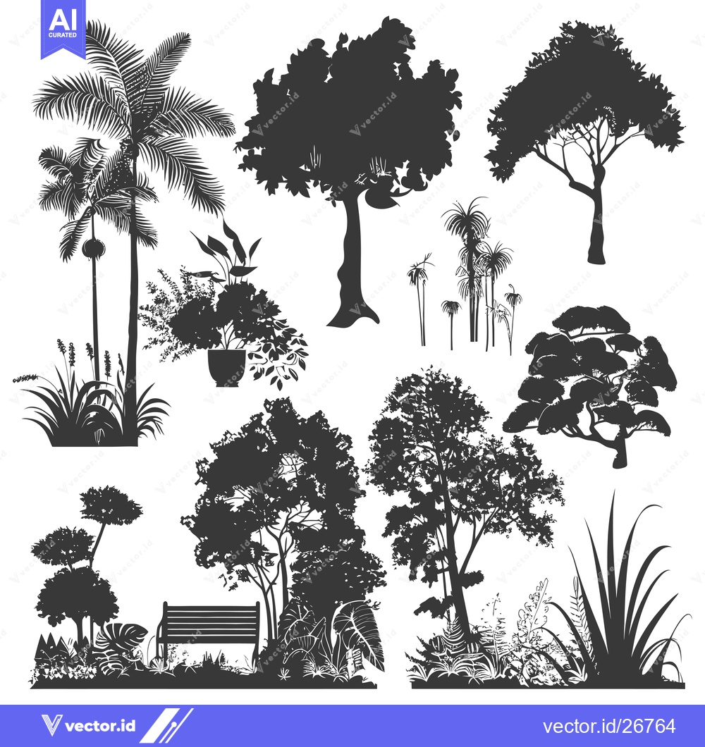 Premium Vector dari Black and White Silhouettes of Trees, Plants, and a Bench in a Park