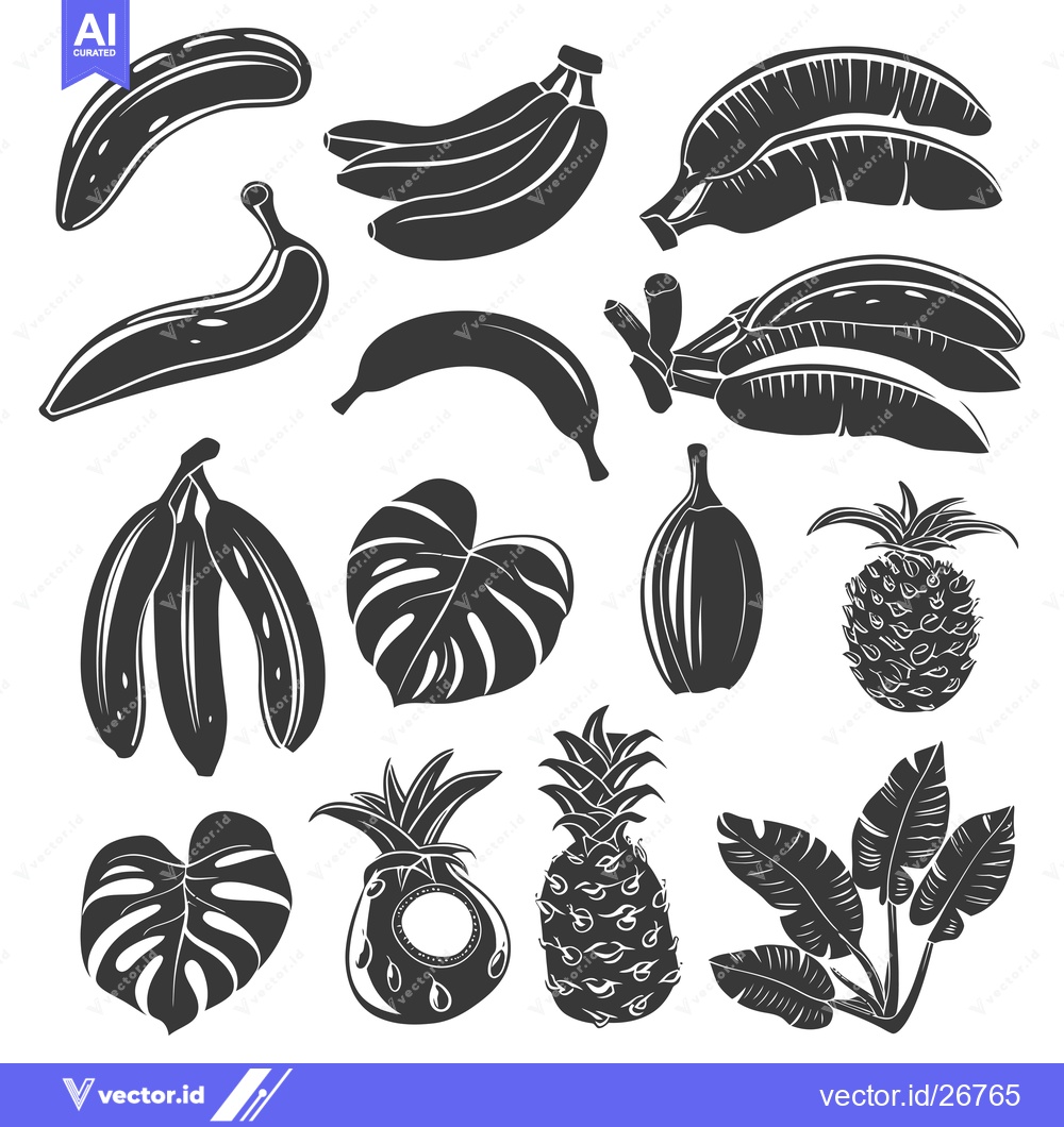 Premium Vector of Black and White Silhouettes of Tropical Fruits and Leaves