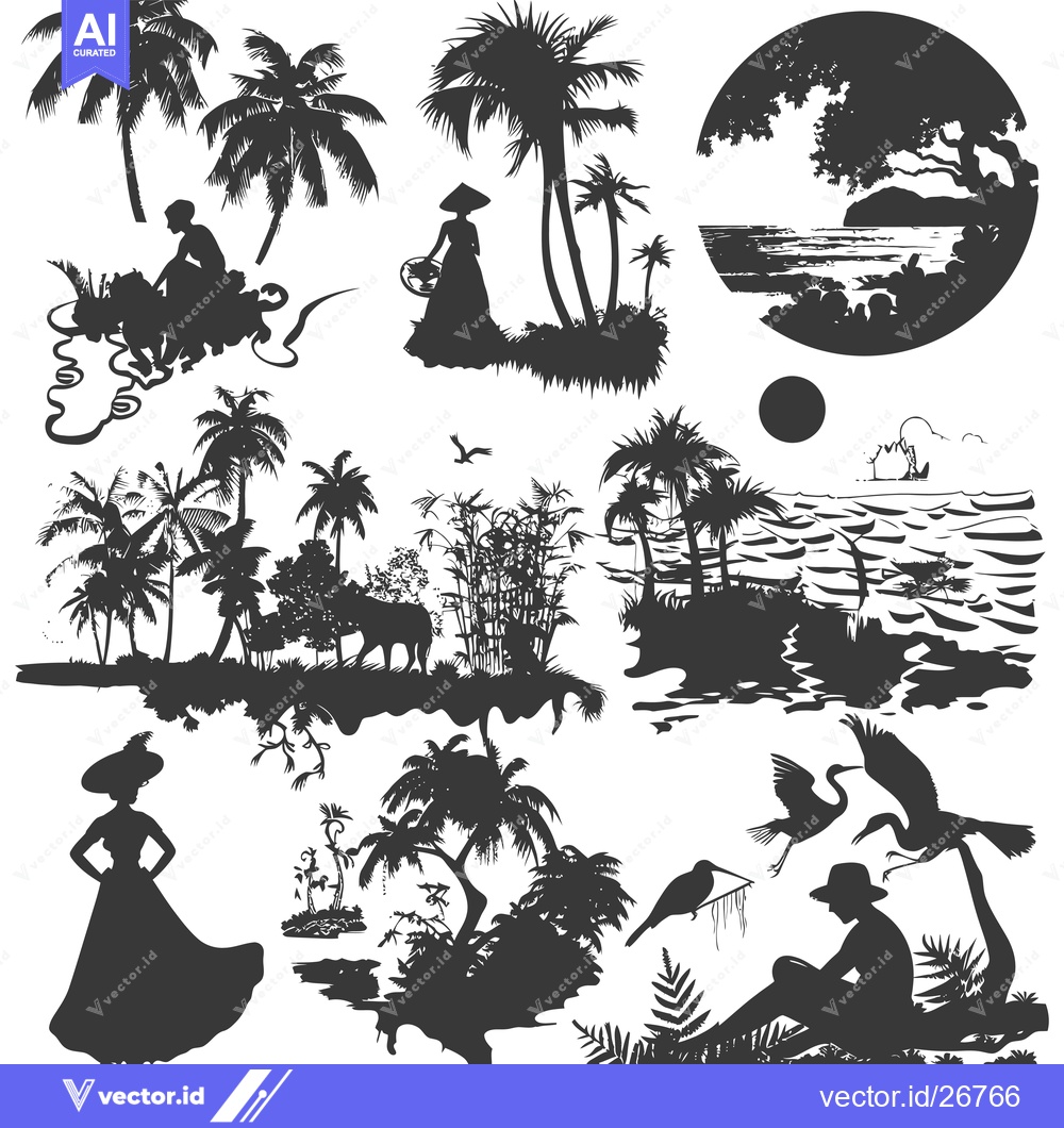 Premium Vector dari Black and White Silhouettes of Tropical Landscapes, People, and Birds