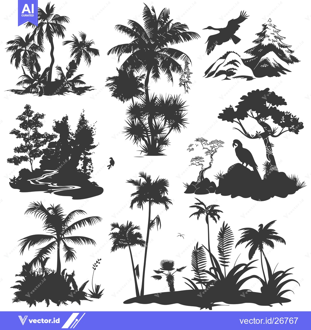 Premium Vector of Black and White Silhouettes of Tropical Plants and Birds